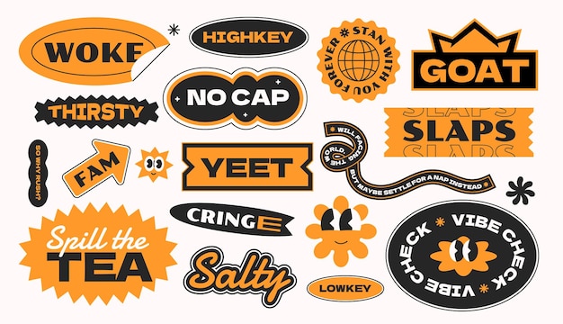 Colección de pegatinas vintage divertidas Gen z palabras citas argot conjunto vectorial fondo aislado