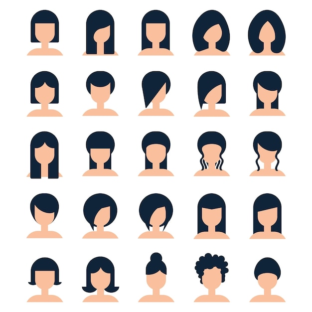 Colección de peinados para mujeres en estilo plano. Colección vectorial de varios tipos de cortes de pelo, aislados en fondo blanco