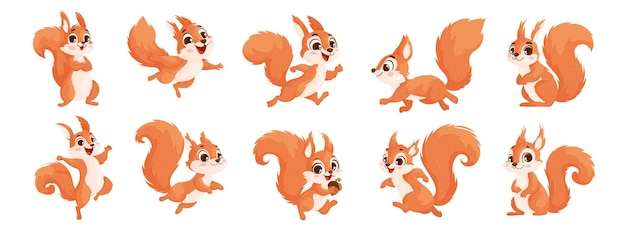 Colección de pequeñas ardillas marrones divertidas Emoción animal Conjunto de simpáticas ardillas de dibujos animados Diseño de personajes de dibuj os animados Ilustración vectorial plana aislada sobre fondo blanco