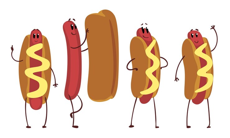 Vector colección de perritos calientes divertidos personajes de dibujos animados de comida rápida humanizados en varias posturas ilustración vectorial
