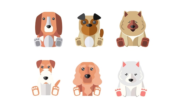 Colección de perros de diferentes razas dibujos animados animales mascotas vector ilustración aislada sobre fondo blanco