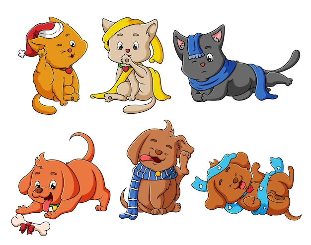 La colección de perros y gatos con la diferente expresión de la ilustración.