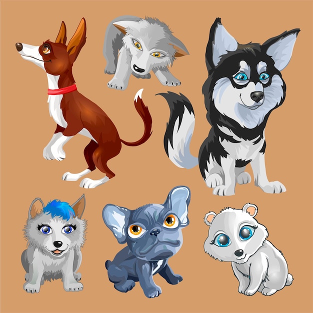 Colección con perros lindos de diferentes razas conjunto de perros divertidos sobre un fondo blanco amigos humanos peludos animales domésticos