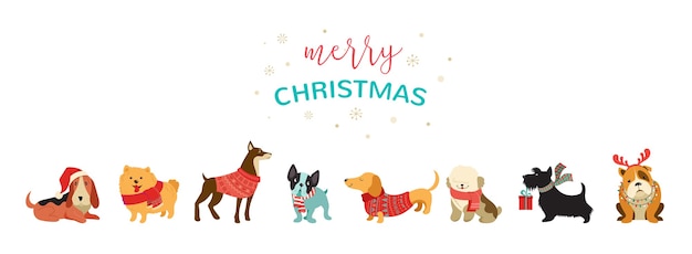 Colección de perros de navidad, ilustraciones de feliz navidad de lindas mascotas