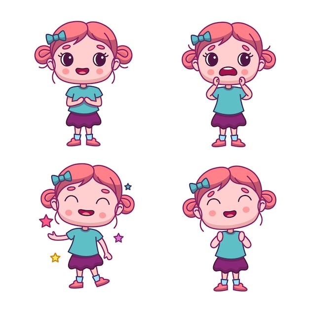 Colección de personaje de niña de dibujos animados lindo que expresa diferentes emociones