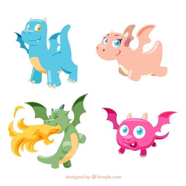 Colección de personajes de bebé de dragón con diseño plano