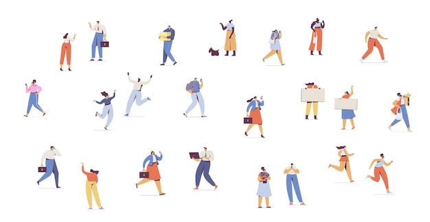 Colección de personajes de la calle al aire libre de hombres y mujeres planos Diferentes poses en movimiento de pie