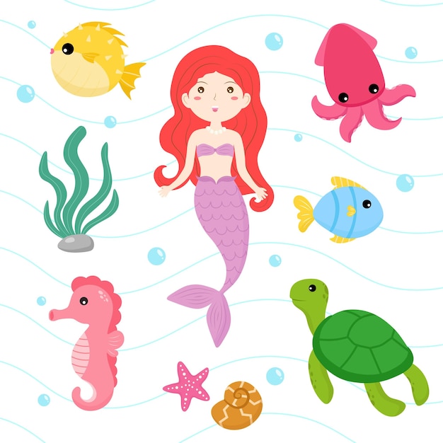 Colección de personajes de criaturas marinas en vector de dibujos animados aislados en el fondo