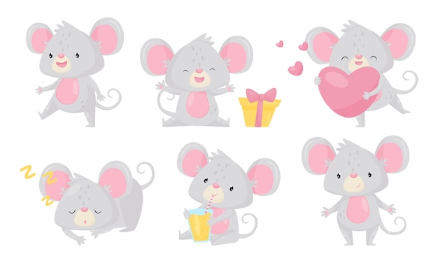 Colección de personajes de dibujos animados de Cute Little Mouse Animales roedores adorables en diferentes situaciones Ilustración vectorial en fondo blanco