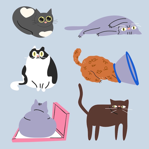 Colección de personajes de dibujos animados de gatos lindos en varias poses Diferentes gatos domésticos divertidos
