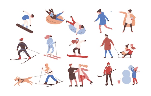 Colección de personajes de dibujos animados masculinos y femeninos que realizan actividades de invierno. Conjunto de hombres y mujeres vestidos con ropa exterior para esquiar, patinar sobre hielo, hacer snowboard, jugar al hockey. Ilustración de vector plano.