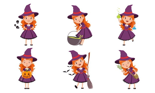 Colección de personajes de dibujos animados de la pequeña bruja linda chica pelirroja con vestido y sombrero púrpura en diferentes situaciones Ilustración vectorial