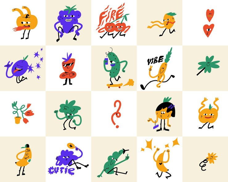 Una colección de personajes de dibujos animados que incluye una persona, una persona y una persona.