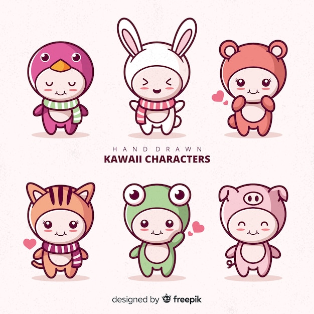 Colección personajes disfrazados kawaii dibujada a mano