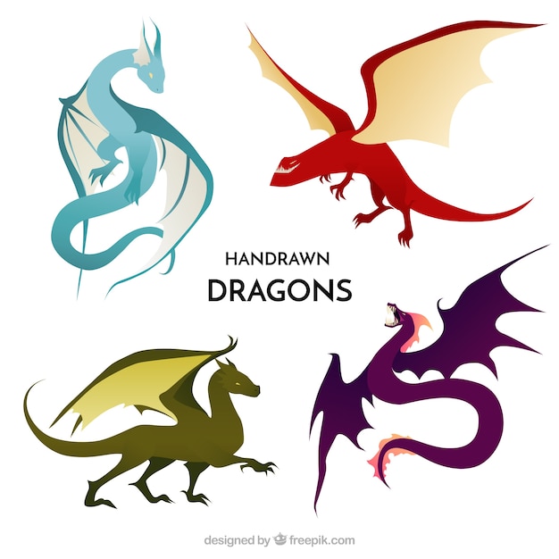 Colección de personajes de dragones dibujados a mano