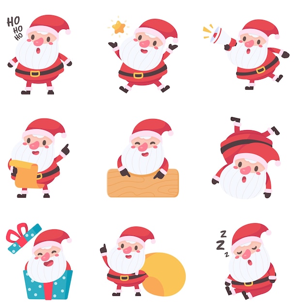 Colección de personajes felices de Papá Noel en varias poses