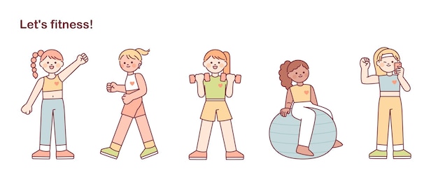 Una colección de personajes femeninos haciendo ejercicio. ilustración vectorial plana.
