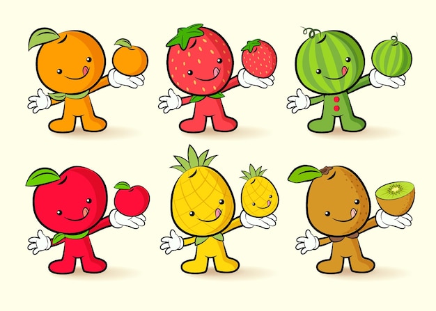 Colección de personajes de frutas kawaii vectoriales
