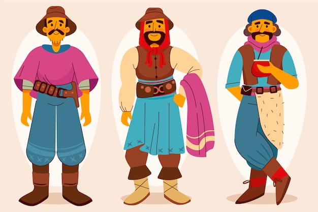 Vector colección personajes gauchos dibujados a mano