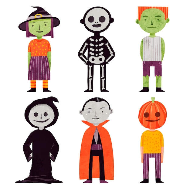 Vector colección de personajes de halloween en acuarela