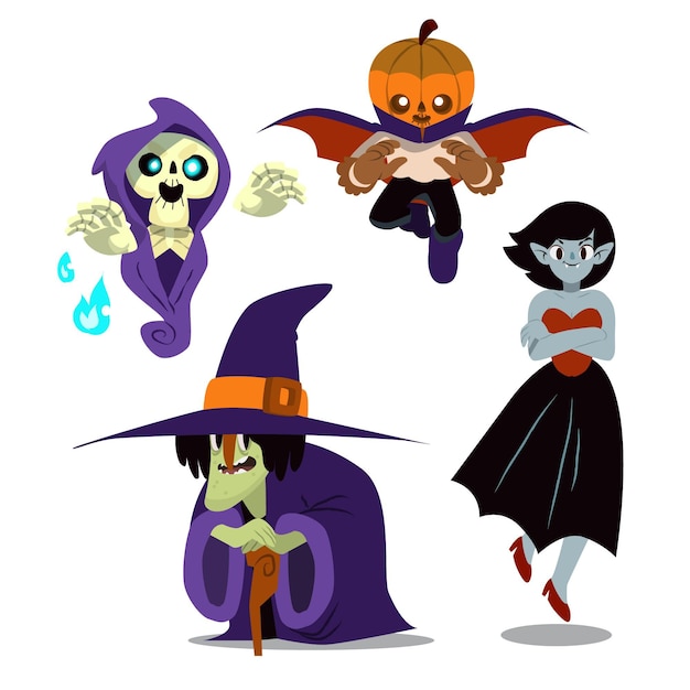 Colección de personajes de halloween dibujados a mano