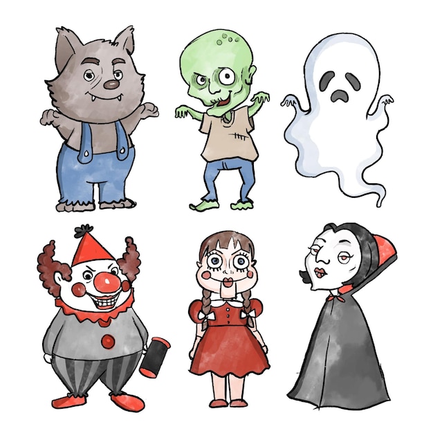 Colección de personajes de halloween de diseño de acuarela