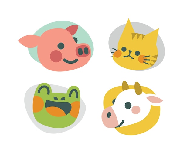 Colección de personajes de ilustraciones de cabezas de animales bonitas Estilo vectorial plano aislado