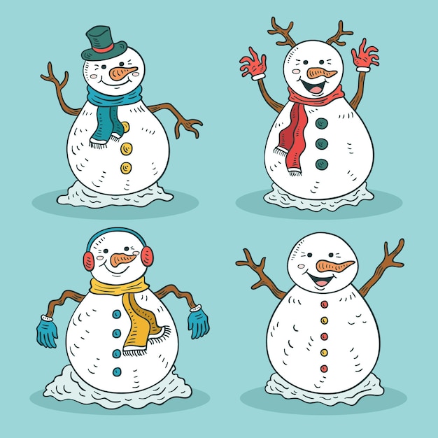 Colección de personajes de muñeco de nieve dibujados a mano