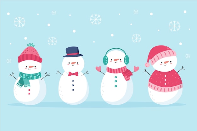 Colección de personajes de muñeco de nieve dibujados a mano