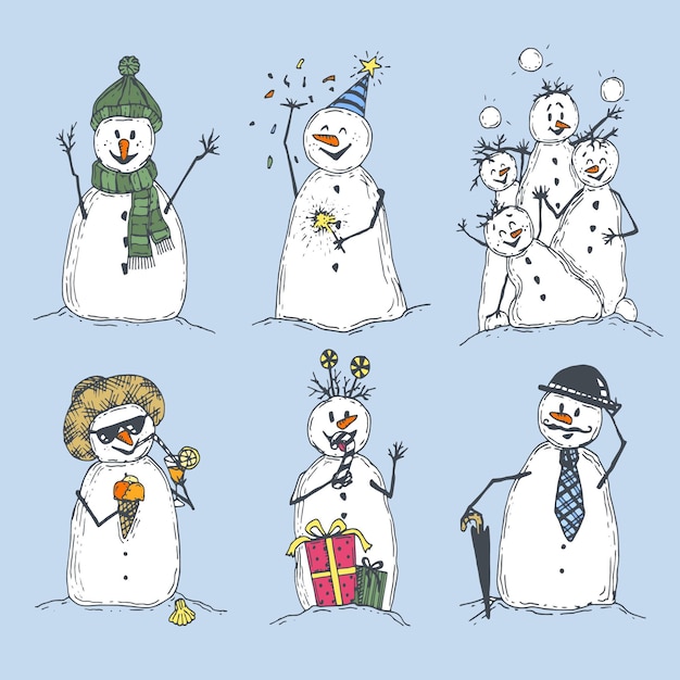 Colección de personajes de muñeco de nieve dibujados a mano