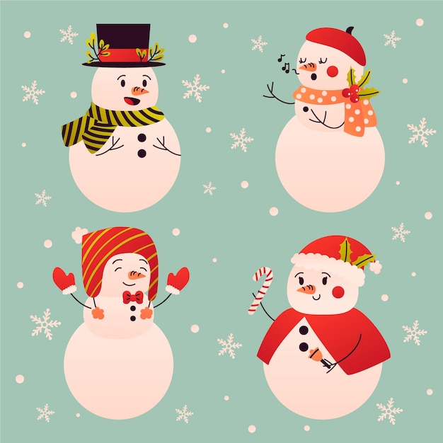 Colección de personajes de muñeco de nieve en diseño plano