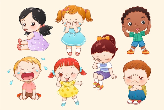 Colección de personajes de niño y niña en estilo de línea