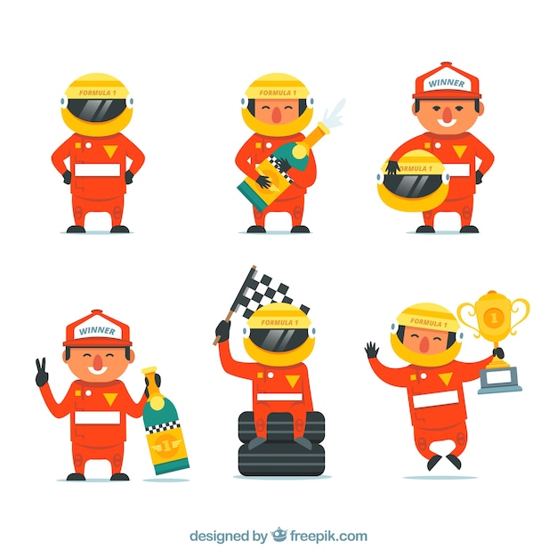 Colección de personajes de piloto de fórmula 1 con diseño plano