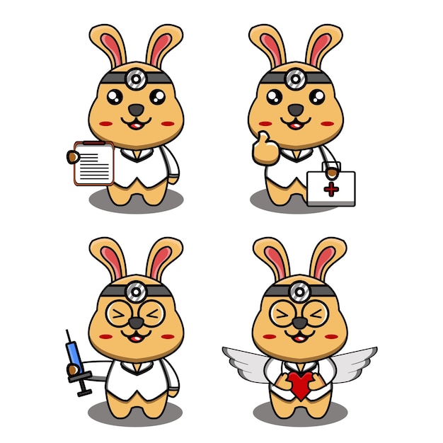 Colección de personajes de Rabbit Doctor en traje médico perfecto para la educación sanitaria de los niños