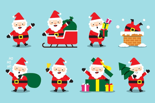 Vector colección de personajes de santa claus planos dibujados a mano.