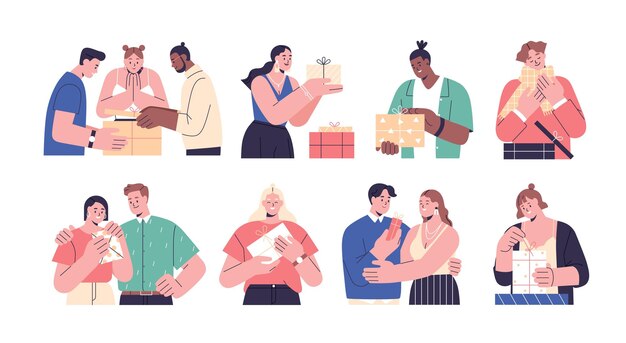 Colección de personas felices abriendo cajas de regalos ilustración plana vectorial. Escenas con hombre, mujer y parejas dando y sosteniendo regalos de vacaciones envueltos, desempaquetando cajas de regalo festivas aisladas en blanco.