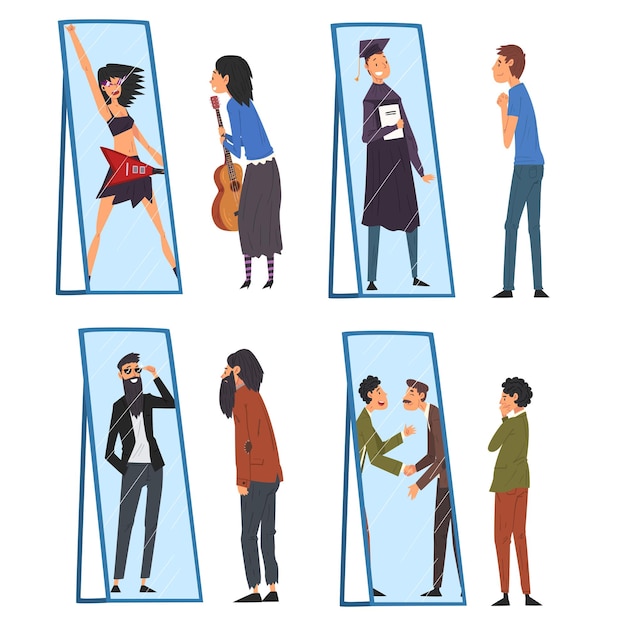 Colección de personas de pie frente al espejo mirando su reflejo e imaginándose a sí mismos como hombres y mujeres atractivos exitosos que se ven a sí mismos de manera diferente en la ilustración vectorial del espejo