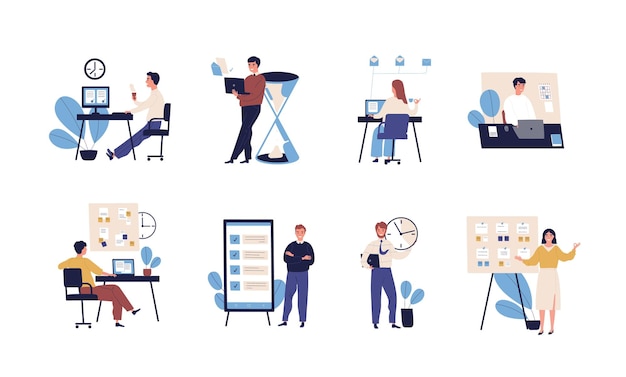 Colección de personas que organizan con éxito sus tareas y citas. Conjunto de escenas con gestión del tiempo eficiente y eficaz y multitarea en el trabajo. Ilustración de vector de dibujos animados plana.