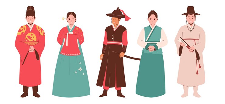 Vector colección de personas con trajes tradicionales coreanos