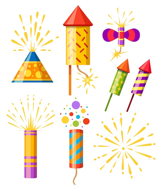 Vector colección de petardos. conjunto de iconos de colores pirotécnicos. fuegos artificiales para la celebración del año nuevo. ilustración sobre fondo blanco