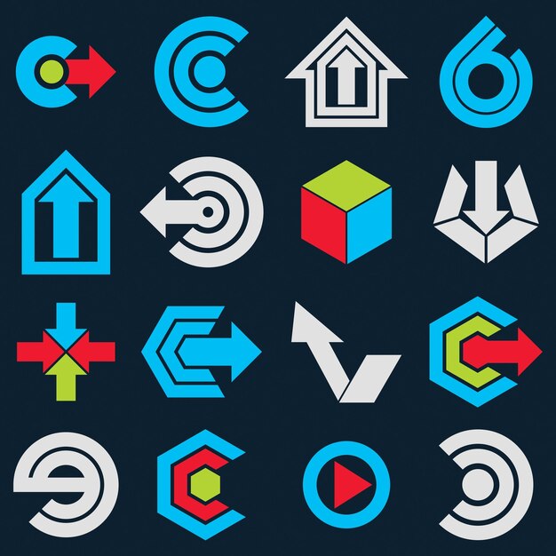 Colección de pictogramas de navegación plana simple azul vectorial. Conjunto de elementos de diseño abstracto corporativo. Flechas e iconos web circulares.