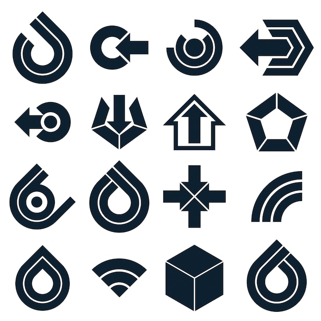 Colección de pictogramas de navegación simple en negro vectorial. Conjunto de elementos de diseño abstracto corporativo plano. Flechas e iconos web circulares.