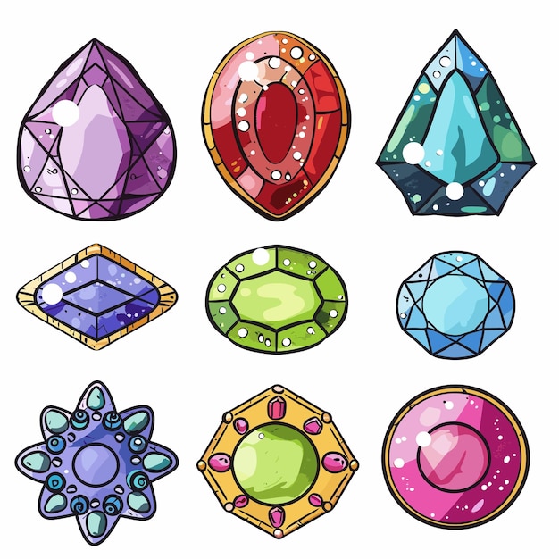 Colección de piedras preciosas coloridas de varias formas tamaños joyas de dibujos animados establecidos brillantes resplandores