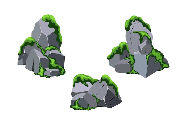 Colección de piedras de varias formas y moosGuijarros costerosguijarrosgravaminerales y formaciones geológicasFragmentos de rocacantos rodados y material de construcción