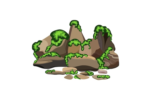 Colección de piedras de varias formas con musgo verdeGuijarros costerosguijarrosgravaminerales y formaciones geológicas con liquen verdeFragmentos de rocacantos rodados y material de construcción