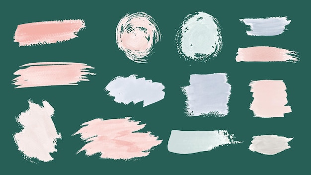 Colección de pinceles abstractos en colores pastel sobre un fondo verde Las pincelas varían en forma y tamaño creando un efecto artístico texturizado Conjunto vectorial de pincelas creativas