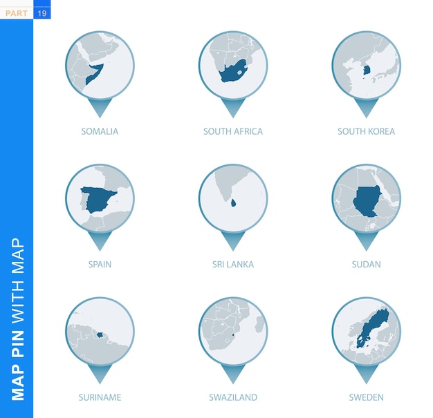 Colección de pines de mapa con mapa detallado y países vecinos, 9 pines de mapa de Somalia, Sudáfrica, Corea del Sur, España, Sri Lanka, Sudán, Surinam, Swazilandia, Suecia