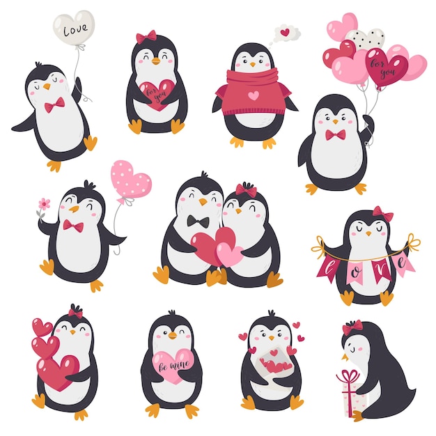 Colección de pingüinos del día de San Valentín Perfecto para decorar tarjetas invitaciones y carteles