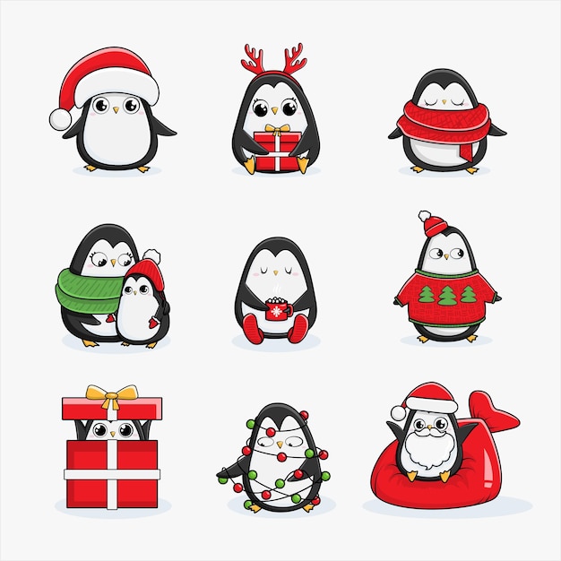 Colección de pingüinos navideños Ilustraciones navideñas de lindos pingüinos con accesorios como gorros de punto suéteres bufandas