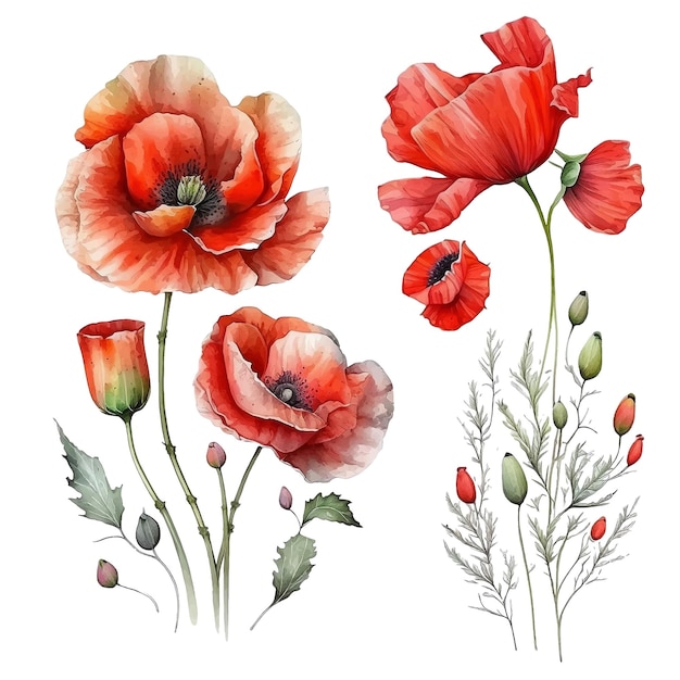 Colección de pintura de acuarela de flor de amapola